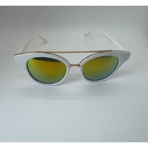 White Cat Eye Sunglasses with Gold Brow Bar and Yellow Mirrored Lenses UV400